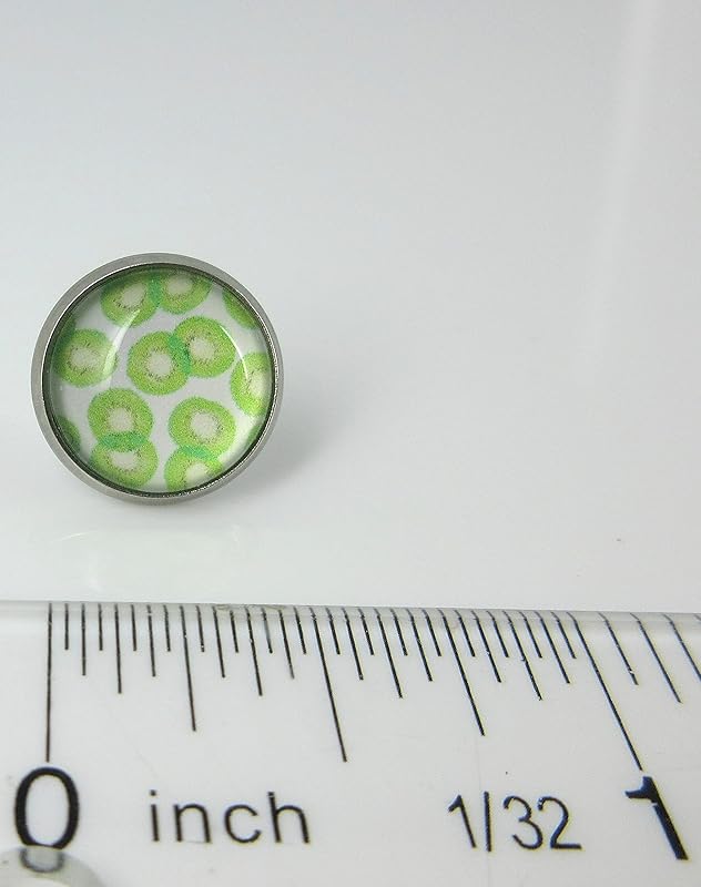 Summerfield Collection Stainless Steel Kiwi Fruit Print Glass Stud Earrings 12mm Green and White