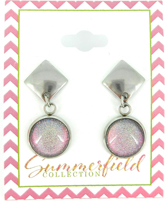Summerfield Collection Stainless Steel Colorshifting Opalescent Pink Holographic Glitter Glass Post Drop Earrings Handpainted