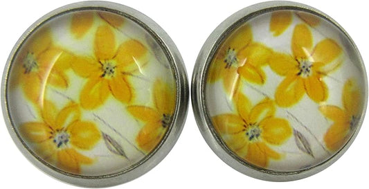 Summerfield Collection Stainless Steel Yellow Flower Print Glass Stud Earrings 12mm