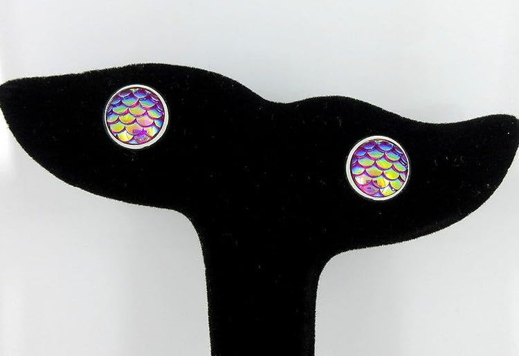 Summerfield Collection Silver-tone Pink Purple Metallic Mermaid Scale Stud Earrings 10mm