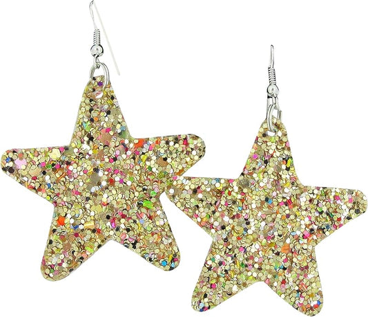 Summerfield Collection Glitter Faux Leather Large Star Dangle Earrings (Gold and Rainbow)