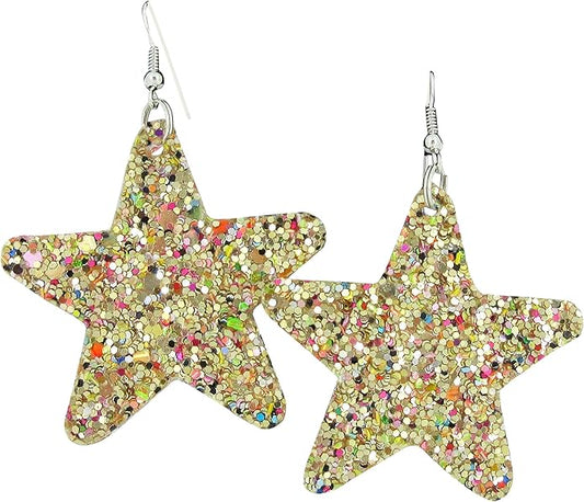 Glitter Faux Leather Large Star Dangle Earrings (Gold and Rainbow)