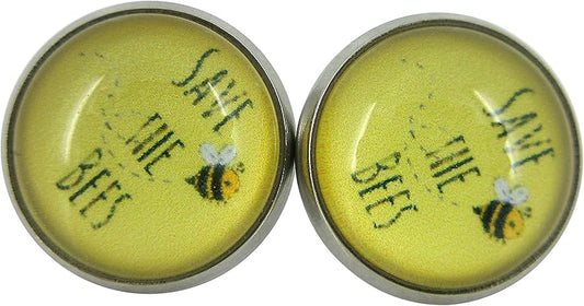Summerfield Collection Stainless Steel Save the Bees Print Glass Stud Earrings 12mm Yellow and Black