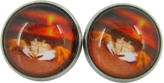 Summerfield Collection Stainless Steel Sunset Crab on the Beach Print Glass Stud Earrings 12mm