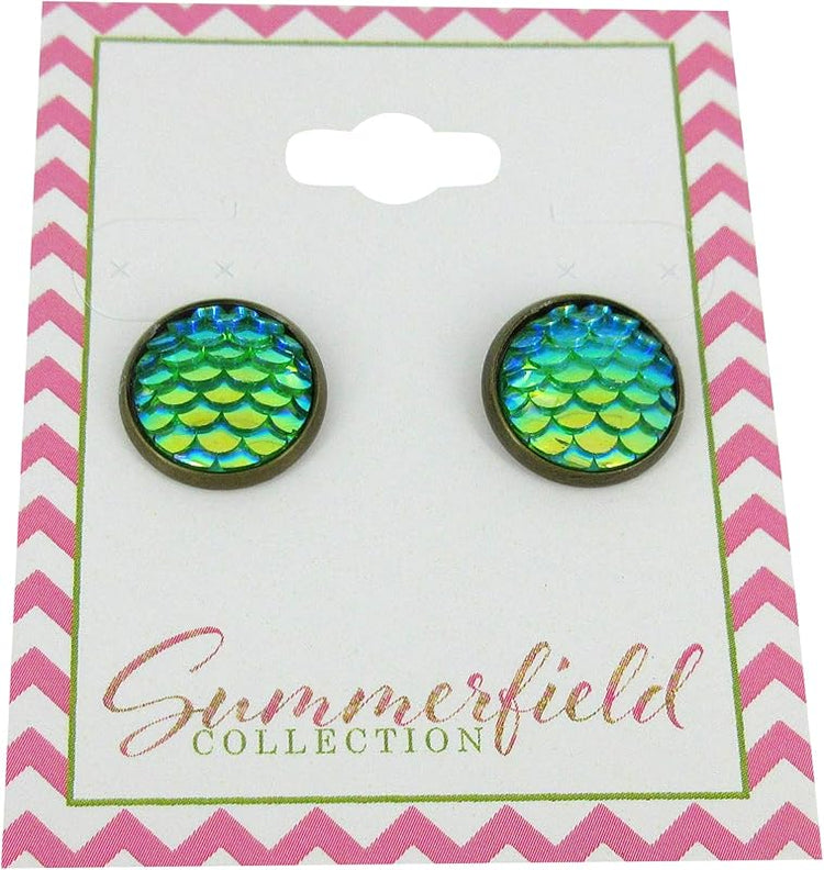 Summerfield Collection Antiqued Gold-tone Metallic Mermaid Scale Stud Earrings 12mm (Green/Blue AB)