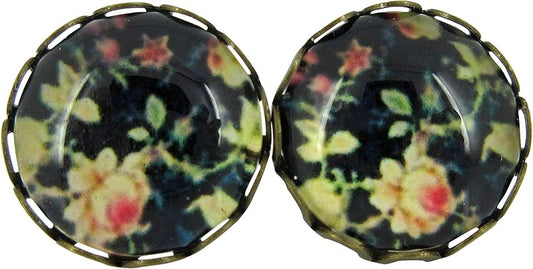 Summerfield Collection Antiqued Gold-tone Black and Pink Flower Print Glass Stud Earrings 12mm
