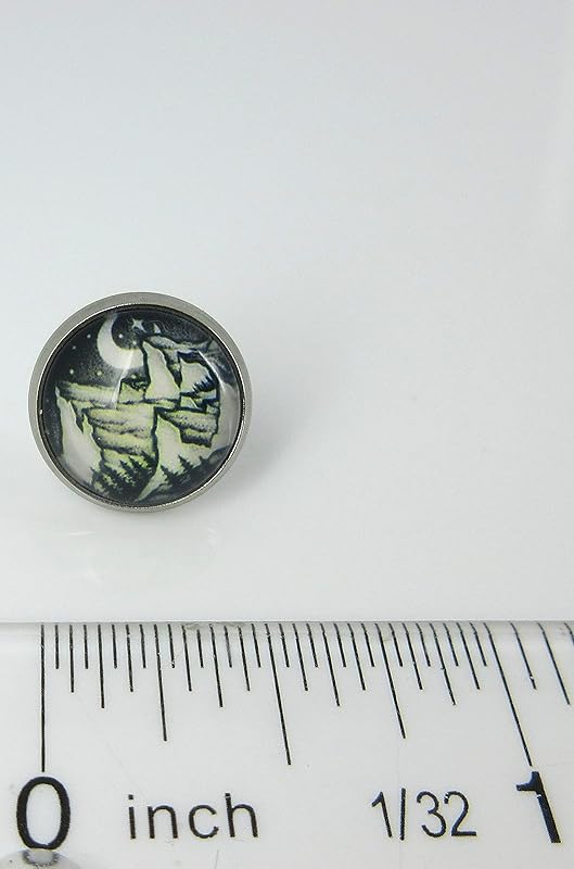 Summerfield Collection Stainless Steel Night Sky Moon Stars Snowy Mountain Print Glass Stud Earrings 12mm Black White Yellow