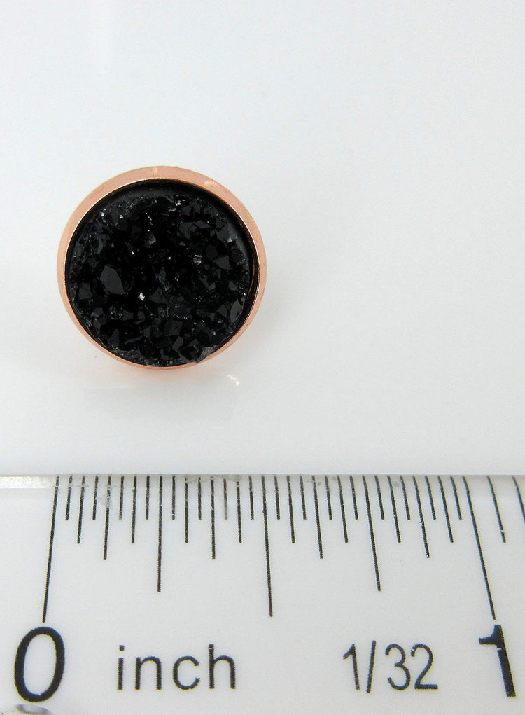 Rose Gold-tone Faux Druzy Stone Stud Earrings 12mm (Black)