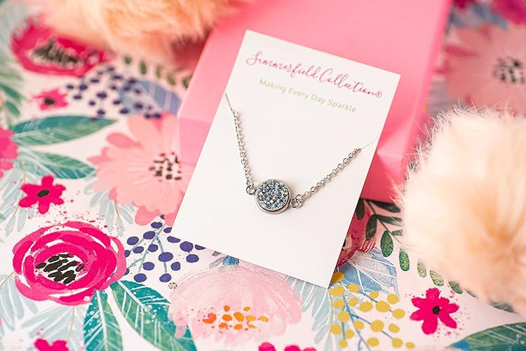 Summerfield Collection Stainless Steel Faux Druzy Stone Pendant Necklace (Frost Blue/Gray AB Glitter)