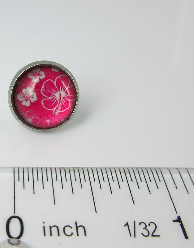 Summerfield Collection Stainless Steel Hibiscus Flower Print Glass Stud Earrings 12mm Hawaiian (Hot Pink)