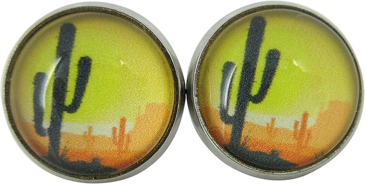 Summerfield Collection Stainless Steel Vintage Desert Cactus Print Glass Stud Earrings 12mm