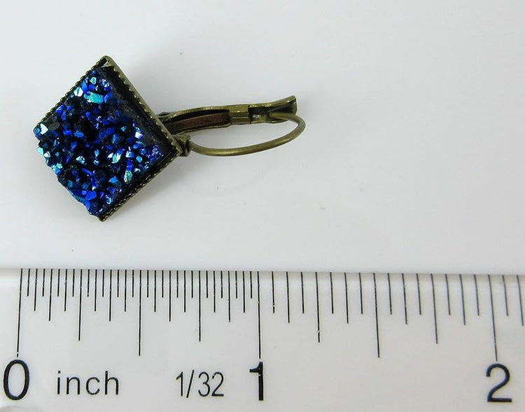 Summerfield Collection Antiqued Gold-tone Geometric Square Faux Druzy Stone Lever-back Drop Earrings (Blue Metallic)