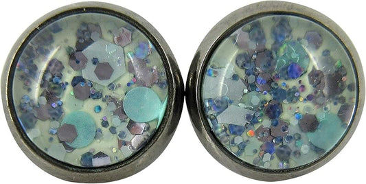 Summerfield Collection Hematite-tone Mint Green and Silver Glitter Glass Stud Earrings Hand-painted 10mm