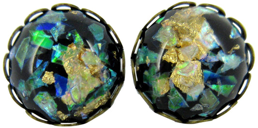Antiqued Gold-tone Black and Opalescent Leaf Resin Stud Earrings 12mm