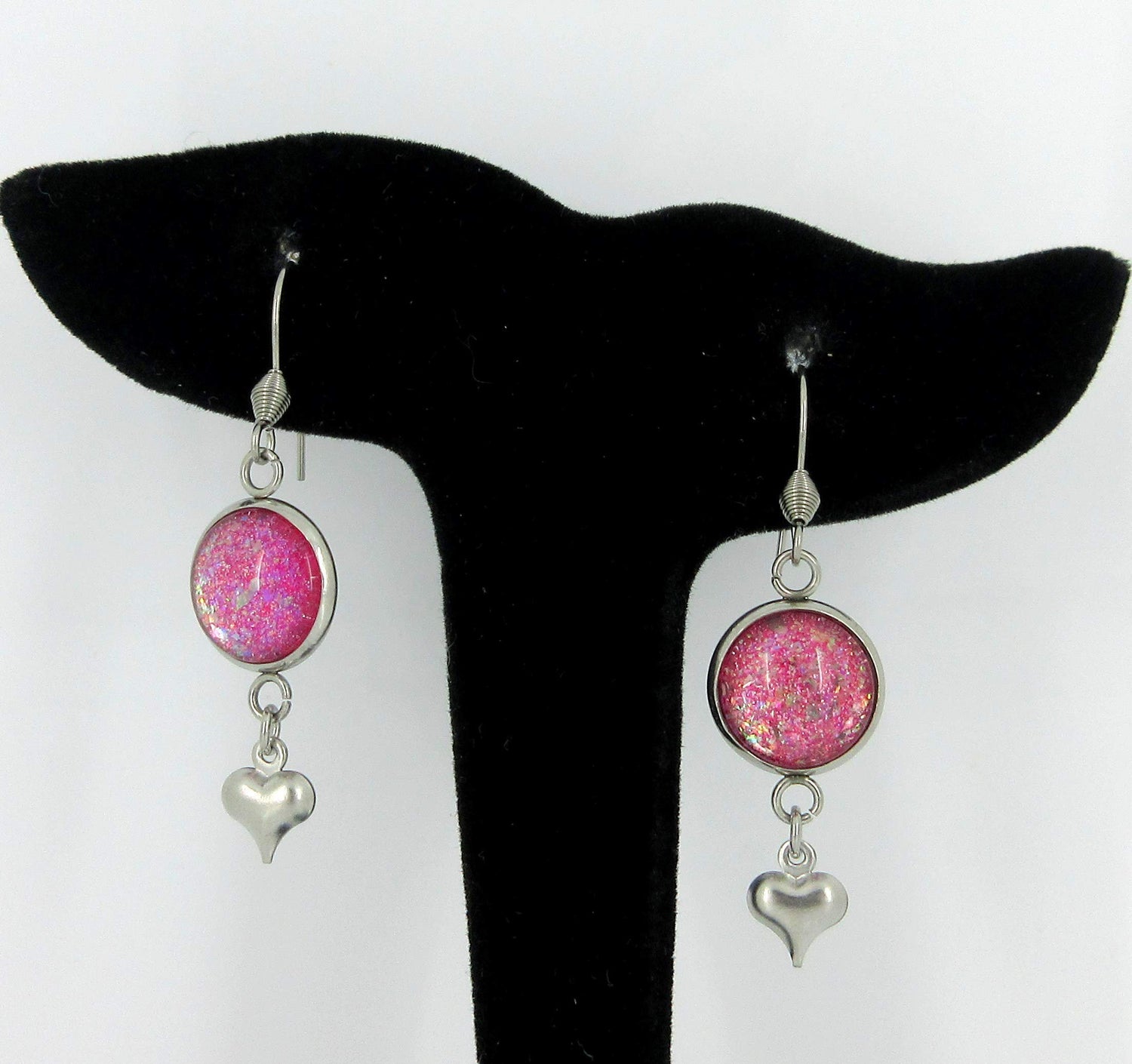 Stainless Steel Pink and Iridescent Glitter Flake Glass Heart Charm Dangle Earrings
