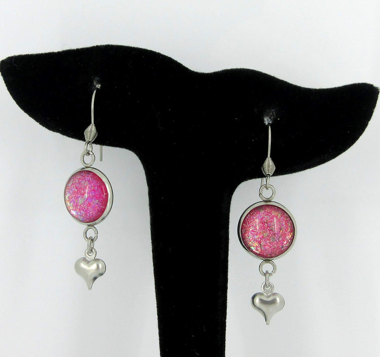 Stainless Steel Pink and Iridescent Glitter Flake Glass Heart Charm Dangle Earrings