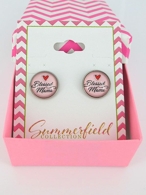 Summerfield Collection Stainless Steel Blessed Mama Print Glass Stud Earrings 12mm