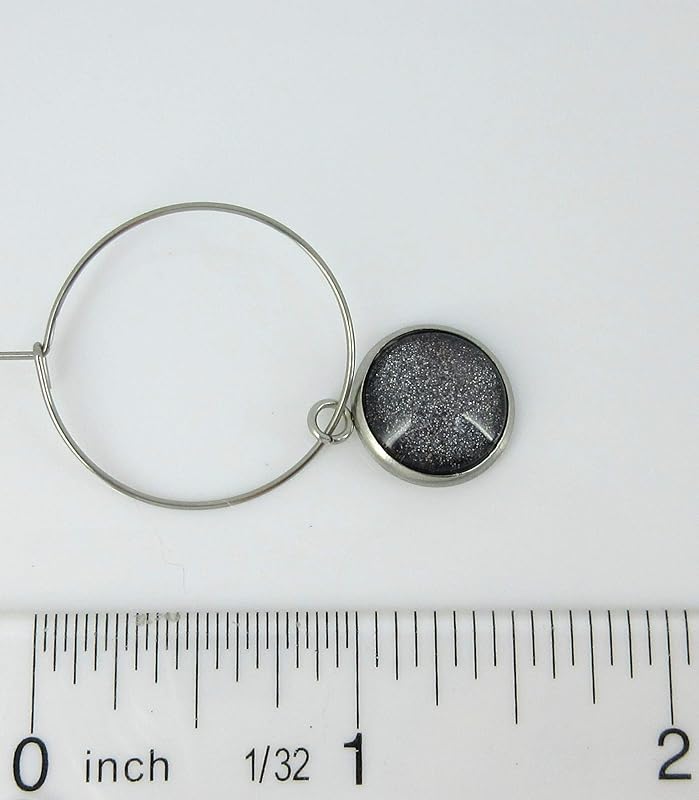 Summerfield Collection Stainless Steel Charcoal Gray Glitter Glass Charm Hoop Earrings Hand-painted 1"