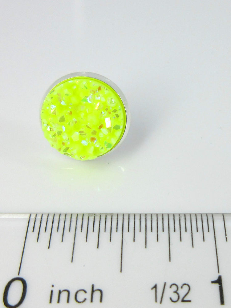 Silver-tone Neon Yellow AB Faux Druzy Stone Stud Earrings