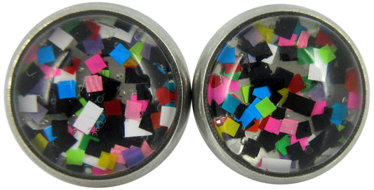 Stainless Steel Pixel Party Glitter Glass Stud Earrings Hand-painted 10mm