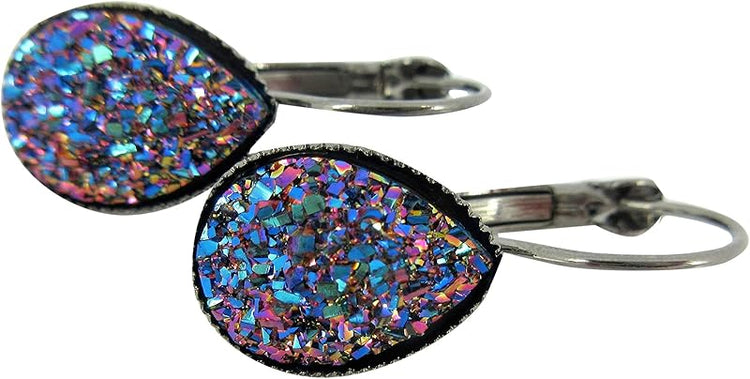 Summerfield Collection Hematite-tone Unicorn Tear Faux Druzy Stone Lever-back Drop Earrings 12mm