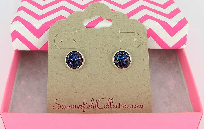 Silver-tone Metallic Faux Druzy Stone Stud Earrings 8mm (Blue)