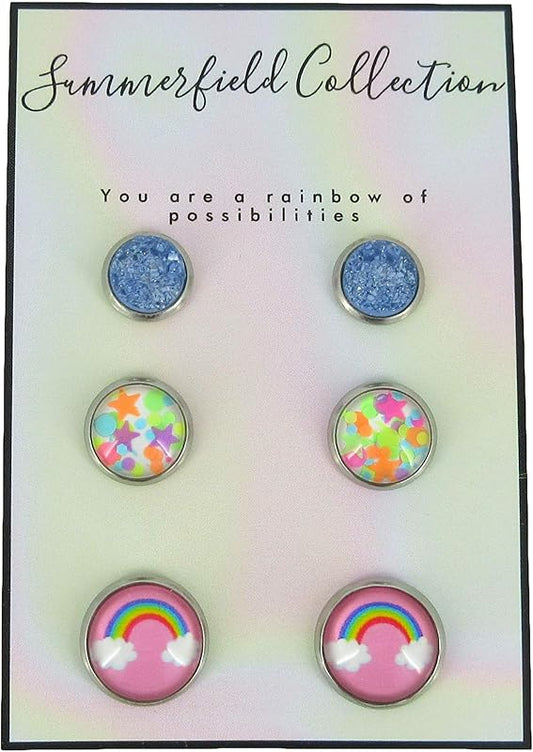 Summerfield Collection Stainless Steel Rainbow of Possibilities Trio Stud Earrings Set Faux Druzy Glass