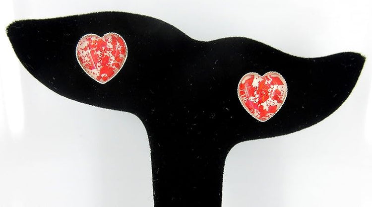 Summerfield Collection Silver-tone White and Fiery Red Glitter Glass Heart Stud Earrings Hand-painted