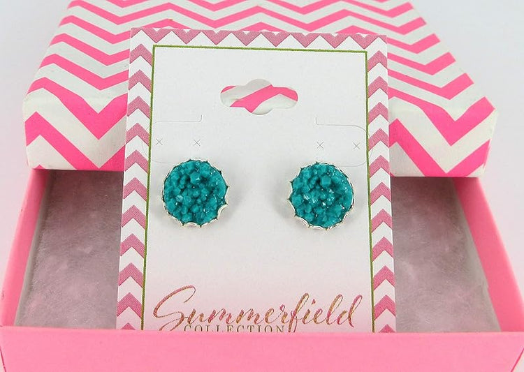 Summerfield Collection Silver-tone Faux Druzy Stone Stud Earrings 12mm (Teal Green Blue)
