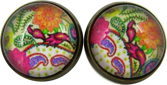 Summerfield Collection Antiqued Gold-tone Paisley Print Glass Stud Earrings 12mm