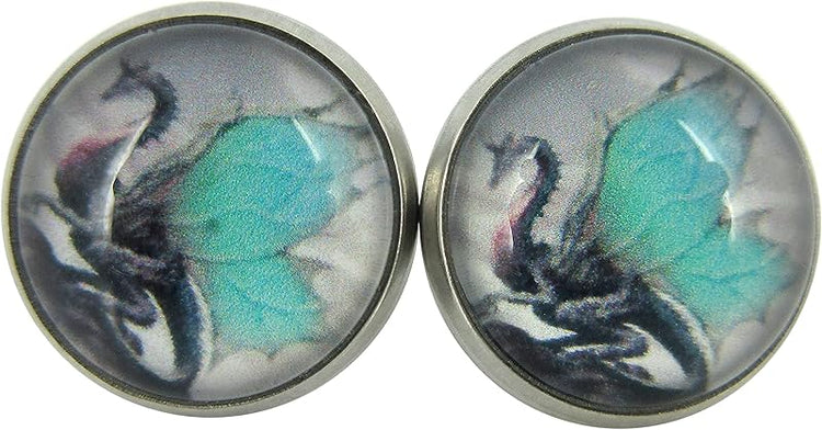 Summerfield Collection Stainless Steel Gray Black Aqua Blue Dragon Print Glass Stud Earrings 12mm