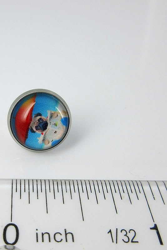 Summerfield Collection Stainless Steel Pug Dog on the Beach Print Glass Stud Earrings 12mm