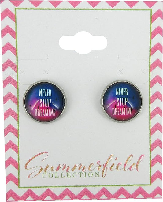 Summerfield Collection Stainless Steel Never Stop Dreaming Print Glass Stud Earrings 12mm