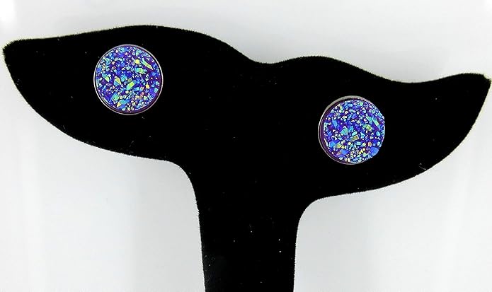 Hematite-tone Faux Druzy Stone Stud Earrings 12mm (Purple AB)