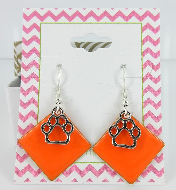 Summerfield Collection Silver-tone Paw Print Charm Enamel Dangle Earrings (Orange)