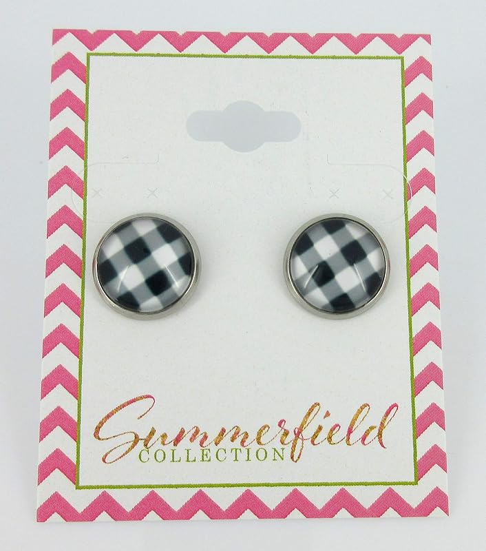 Summerfield Collection Stainless Steel Buffalo Plaid Print Glass Stud Earrings 12mm (White/Black)