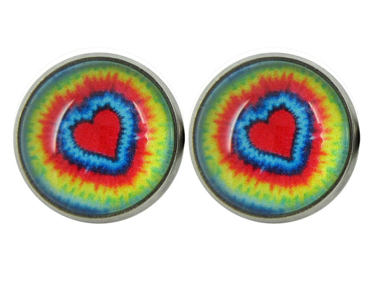 Stainless Steel Tie Dye Print Glass Stud Earrings 12mm (Heart)