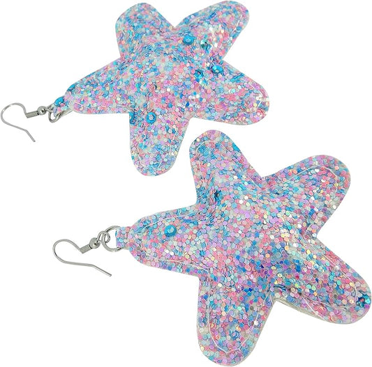 Summerfield Collection Stainless Steel Pastel Glitter Faux Leather Large Puffy Star Dangle Earrings (Lavender Purple)