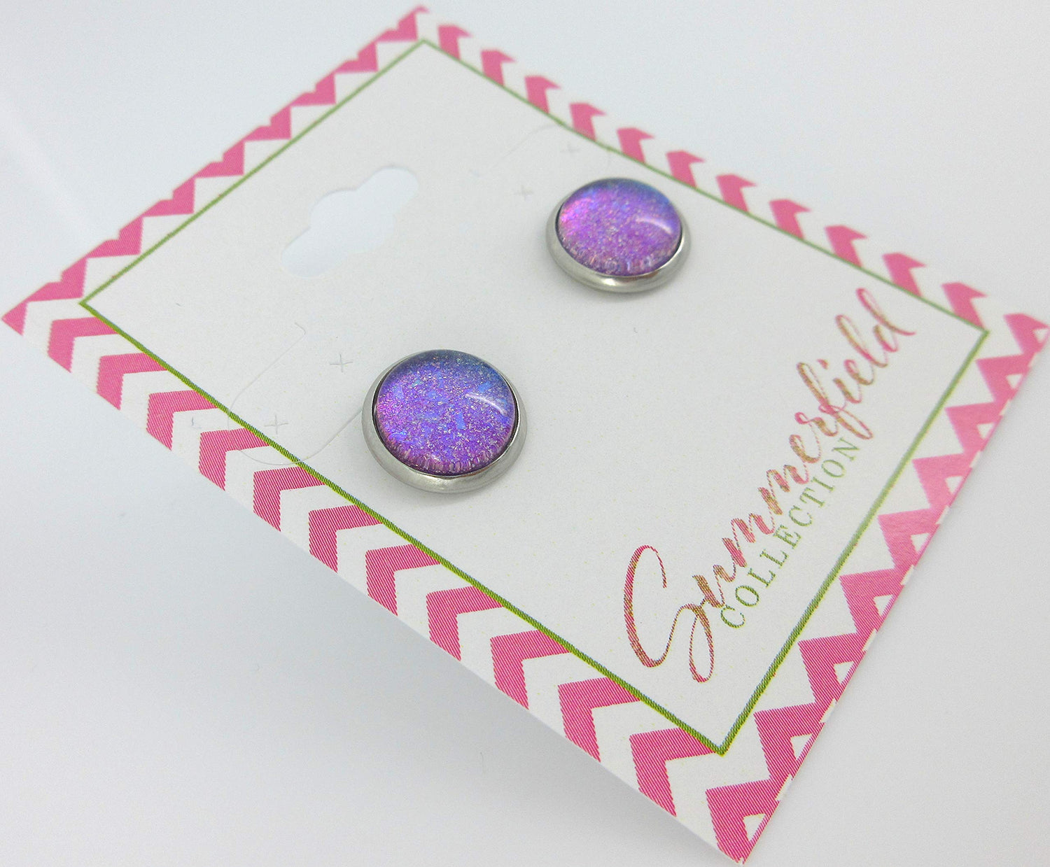 Stainless Steel Blue Purple Glitter Glass Stud Earrings Hand-painted 10mm
