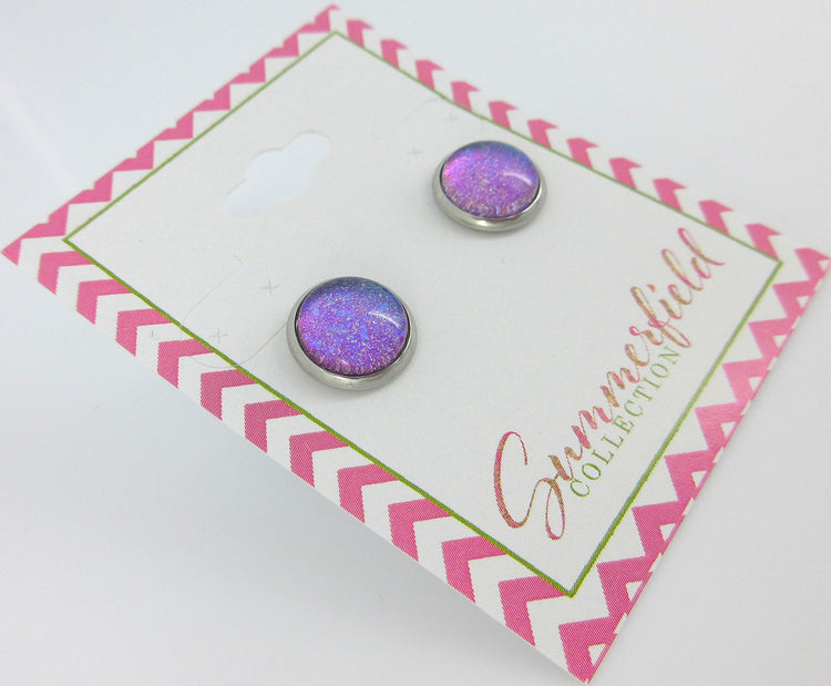 Stainless Steel Blue Purple Glitter Glass Stud Earrings Hand-painted 10mm
