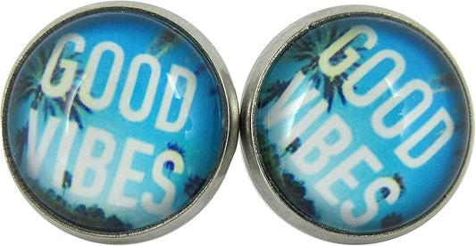 Summerfield Collection Stainless Steel Good Vibes Print Glass Stud Earrings 12mm (Blue Sky)