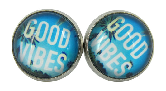 Stainless Steel Good Vibes Print Glass Stud Earrings 12mm (Blue Sky)