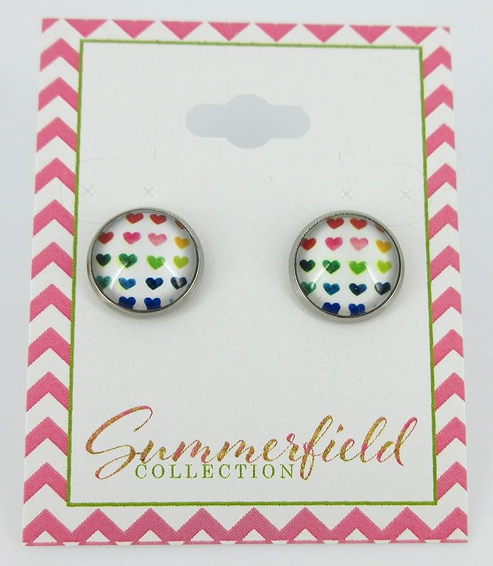 Summerfield Collection Stainless Steel Rainbow Multi Heart Print Glass Stud Earrings 12mm White Red
