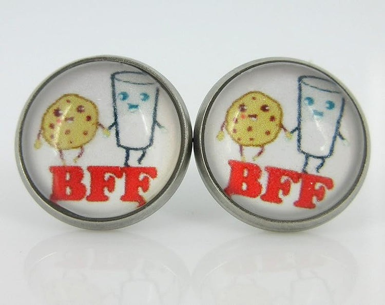 Summerfield Collection Stainless Steel Best Friends Print Glass Stud Earrings 12mm (Milk and Cookies)