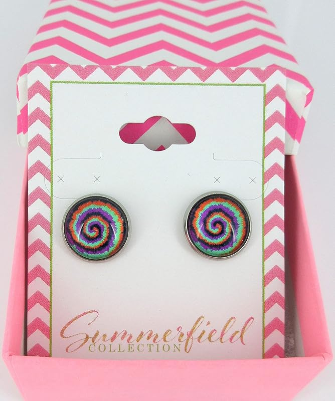 Summerfield Collection Stainless Steel Tie Dye Print Glass Stud Earrings 12mm (Halloween Swirl)