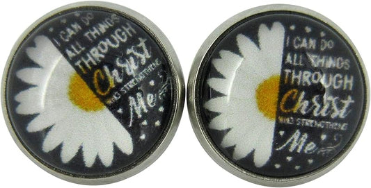 Summerfield Collection Stainless Steel I Can Do All Things Through Christ Print Glass Stud Earrings 12mm Daisy
