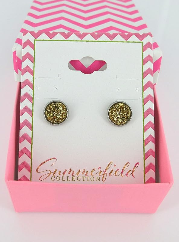 Summerfield Collection Stainless Steel Glitter Faux Druzy Stone Stud Earrings 8mm (Gold)
