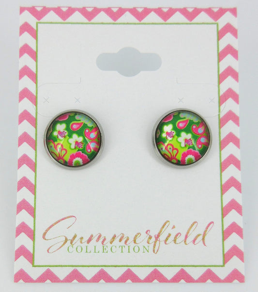 Stainless Steel Green and Pink Flower Paisley Print Glass Stud Earrings 12mm Vintage Vibe