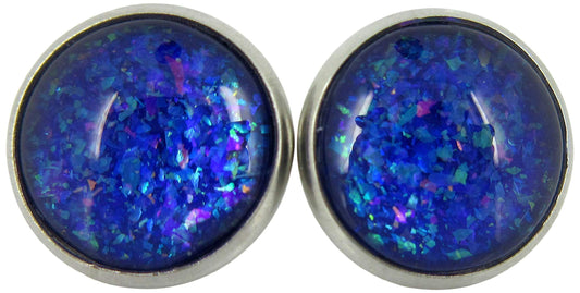 Stainless Steel Purple and Blue Holographic Glitter Glass Stud Earrings Hand-painted 12mm