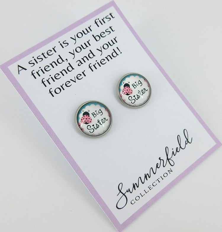 Summerfield Collection Stainless Steel Sister Print Glass Stud Earrings 12mm (Big Sister)